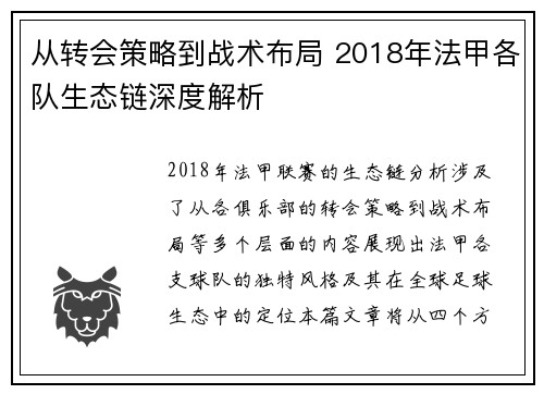 从转会策略到战术布局 2018年法甲各队生态链深度解析